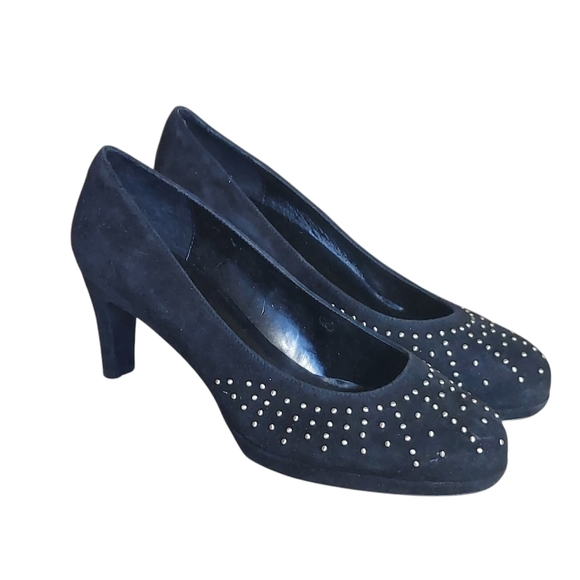 Van Eli Frenzy Black Suede Upper Gold Studs Platform Heels - Picture 4 of 16